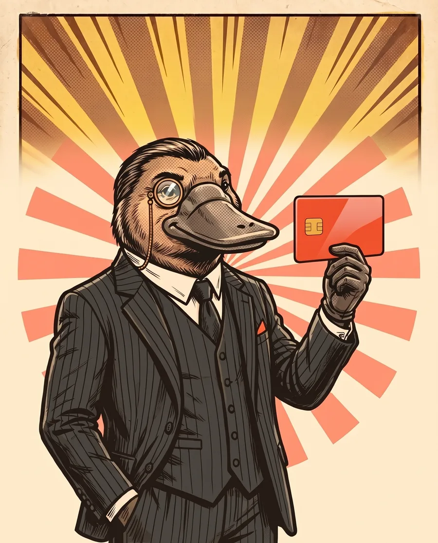 A dapper platypus mascot holding a PapasPay virtual card